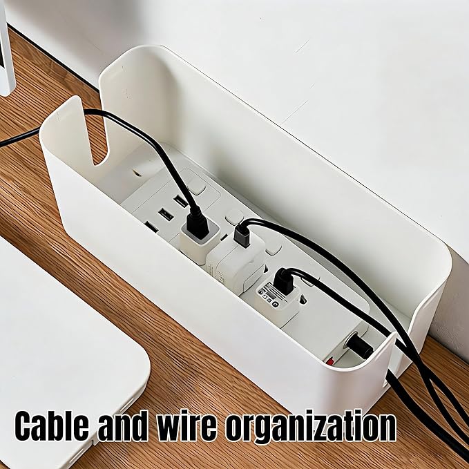 1Large+1Small Cable Organizer Set-2-Piece Home Office Desk Wire Management Storage Box,Cable Storage Box(Bamboo lid/White)