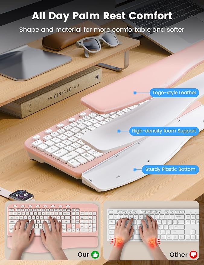 SABLUTE Wireless Keyboard and Mouse Combo, Ergonomic Wave Keys, Cushioned Plam Rest, Comfortable Silent Natural Typing, 2.4G Lag-Free, Full Size Keyboards Cordless Set for Multi-OS, Windows/Mac, Pink