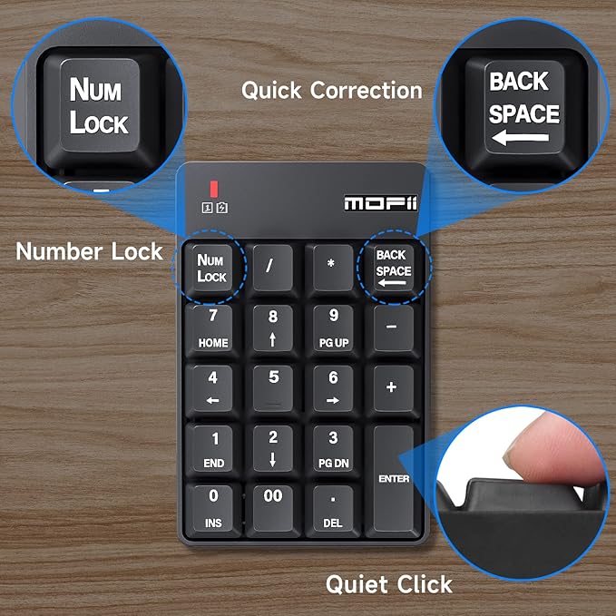 MOFII Bluetooth 5.1 Number Pad Wireless Numeric Keypad Silent 19 Keys USB Keypads, Portable Financial Accounting Numpad 10 Key for Laptop/Notebook/Surface Pro/PC - Black