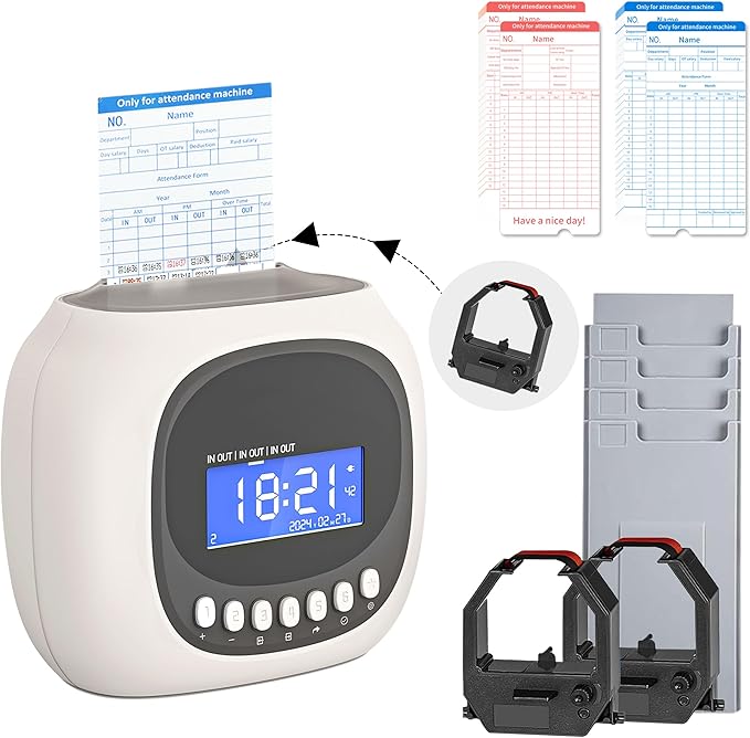 Time Clocks for Employees Small Business, Auto-Align Time Clock, 6 Punches per Day Time Machine | Clock in Machine for Employees with 100 Time Cards, 2 Ink Ribbons(1 Inside) and 1 Rack