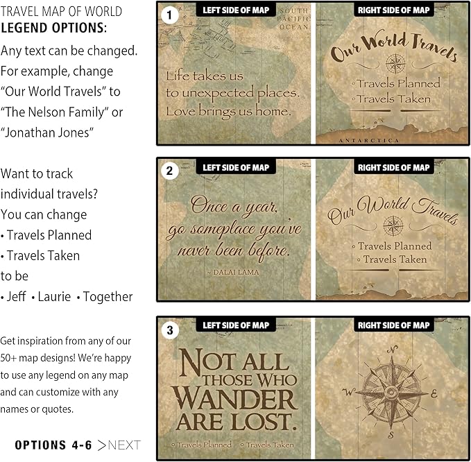 HolyCowCanvas Personalized Push Pin World Map on Canvas in Vintage Earth Tones, Customize with Your Names and Quote to Track Travels, World Map Pin Board, Travel Tracker (48x30, Floating Frame)