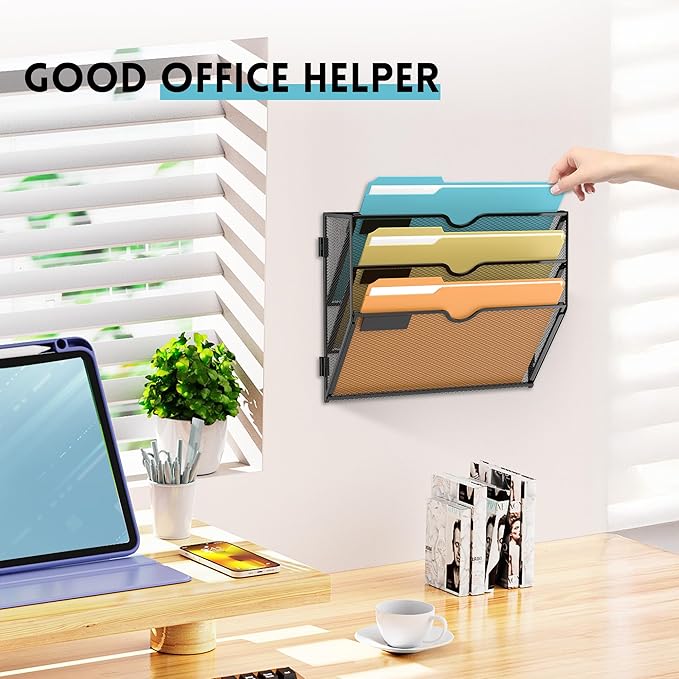 SUPEASY Wall File Organizer Mesh Office Mail Holder, Hanging Wall Organizer Magazine Rack for Office Black (3Tier)