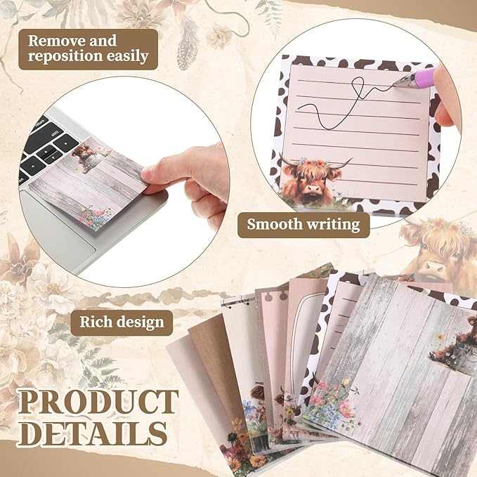 9 Pads Highland Cow Sticky Notes 3x3 Inch Cute Self Stick Notepads Notes Adhesive Memo Pad Office Decor Gifts for Students School Teacher Meeting Office Supplies