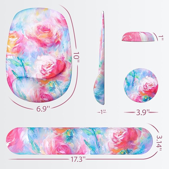 Ospelelf Wrist Rest for Keyboard and Mouse Ergonomic Mouse Pad with Wrist Support Memory Foam Wrist Rest for Computer Keyboard,3-in-1 Gel Mouse and Keyboard Pad for Office Colorful Rose