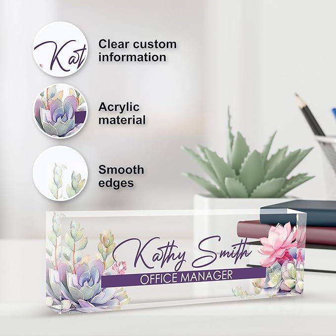 Personalized Name Plate for Desk, Custom Desk Name Plate, Acrylic Name Plate Office Desk Accessories, Personalized Office Gifts for Coworkers Teachers, Employee Appreciation Gifts (A-Blooming)