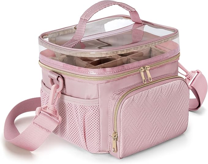 Marker Organizer Case for 100 Markers, Marker Storage Organizer Bag with Divider and Shoulder Strap, Marker Travel Carrying Case with 3 Pockets, Pink (Patented Design)