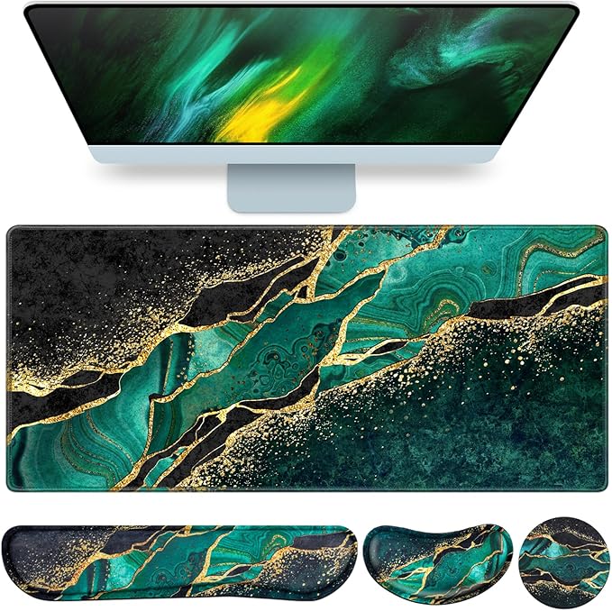 Mouse Pad Green, Desk Mat, Large Gaming Mouse Pad with Wrist Rest, 4in1 XXL Mousepad+Keyboard Wrist Rest+Mouse Pad Wrist Support+Cup Coaster Set Ergonomic Computer Desk Pad for Decor Office Women