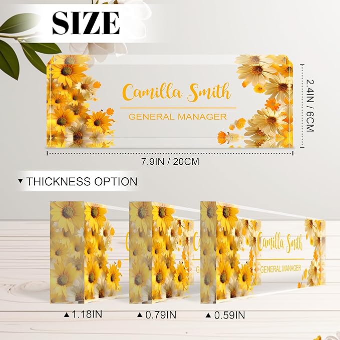 Personalized Name Plate for Desk, Custom Acrylic Desk Name Sign, Office Appreciation Gifts for Women Men Coworkers Boss Teacher Employee (Flower-Sunflower)
