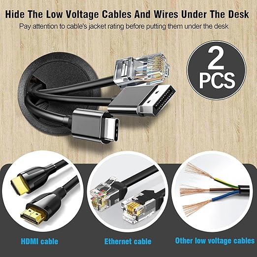 2" Spring Desk Grommet, JTemgle Plastic Cable Hole Cover Computer Table Cord Wire Organizer Caps Desktop Cord Management for Home Office TV Stands Tabletops - Black, 2 Pcs