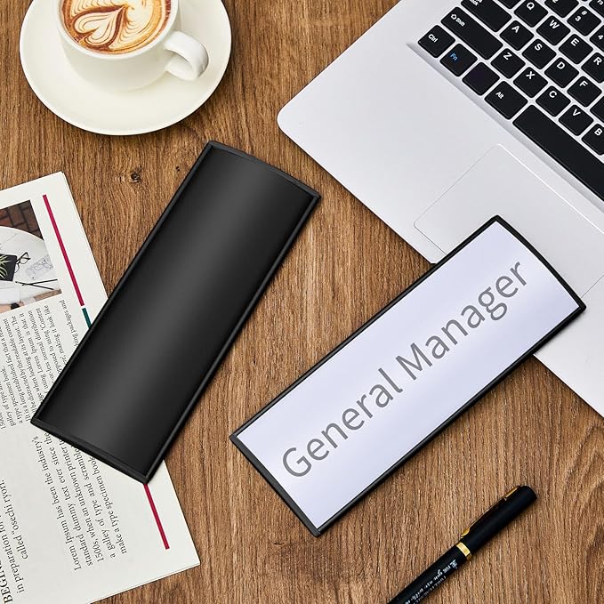 Therwen 25 Pcs Aluminum Office Name Plate Holder for Door Wall Mount 8'' x 3'' Business Sign Holder Office Door Sign Sturdy Curved with Plastic Film and Adhesive Tape (Black)