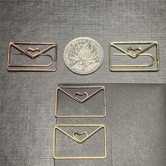 OWLFAVO 40pcs Envelope Shape Paper Clips with Clear Box, Rose Gold and Yellow Gold, Funny Cute Paperclips Bookmarks Planner Clips for Fun Office Supplies School Gifts Wedding Decoration