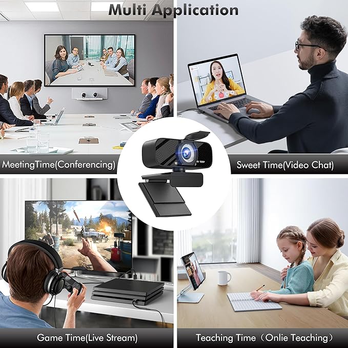 Gozvrpus USB HD Webcam with Built-in Microphone and Rotatable Tripod, 1080P Video, Wide Angle Camera, Privacy Cover, for Desktop PC or Laptop Computer - 4（Black）