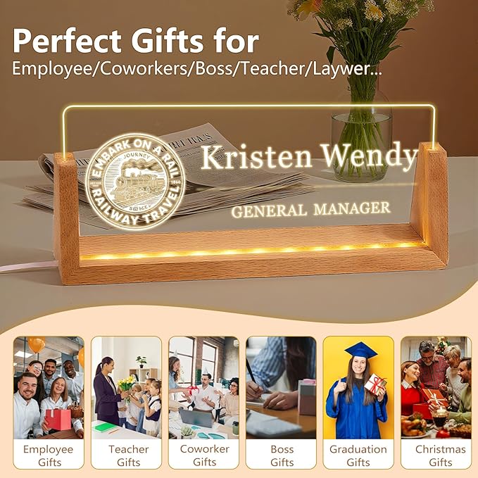 Ships Next Day, Custom Logo Name Plate for Desk - Business Light Up Acrylic Desk Name Plate Personalized Elegant Office Gifts for Boss Coworker Employee Appreciation Gifts, Office Decor for Women Men