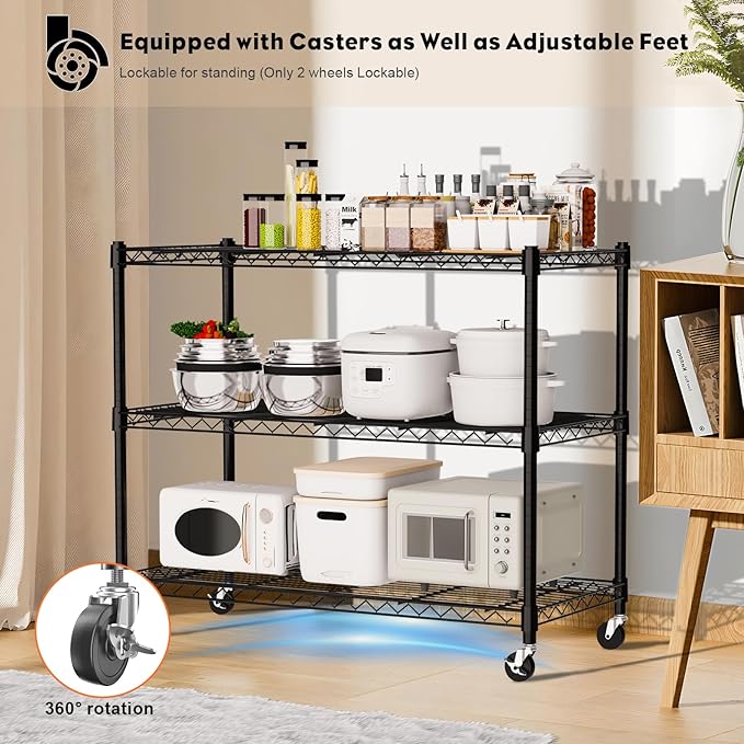 3-Tier Wire Shelving Unit with Wheels, 36.9" W x 18.6" D Heavy Duty Metal Storage Rack, Adjustable Shelves, Locking Casters, 350 lb Per Shelf (1050 lb Total) for Garage, Pantry, Kitchen