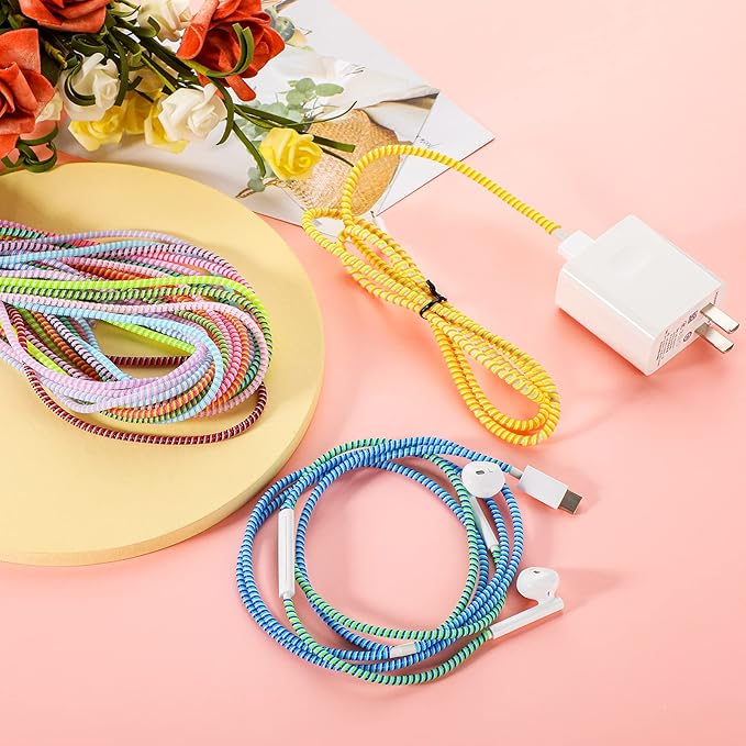 Frienda 15 Pcs Spiral Cable Protector Colorful PVC Spiral Phone Charger Headphone Cable Saver for USB Data Wire, Prevent Pets(Vivid Color,45.3 Inch)