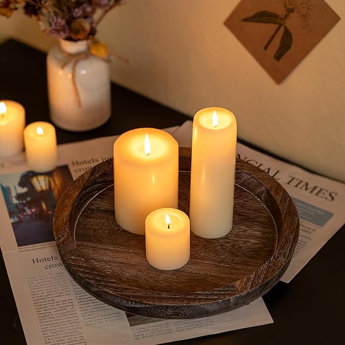 Hanobe Candle Plate Holder Tray: Round Wood Decorative Candle Plate Decor Farmhouse Table Centerpiece Rustic Wood Tealight Pillar Trays for Christmas Wedding Halloween Home Decor