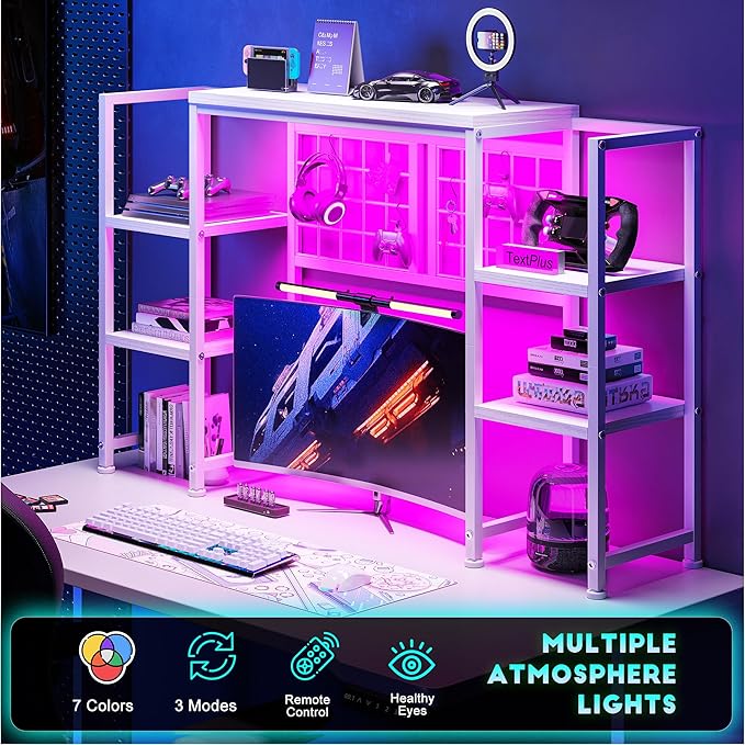 REIBII Desk Shelf with LED Light Strip,Adjustable 45.1" Desk Hutch Dorm with 5 Tier Display Shelf Rack,Desktop Bookshelf with Grid Panel & Hooks for Home, Office and Dorm, White