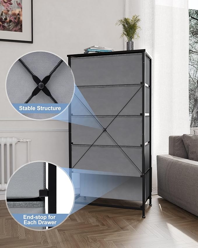 Crestlive Products Vertical Dresser Storage Tower - Sturdy Steel Frame, Wood Top, Easy Pull Fabric Bins - Wide Organizer Unit for Bedroom, Hallway, Entryway, Closets - 5 Drawers(Gray)