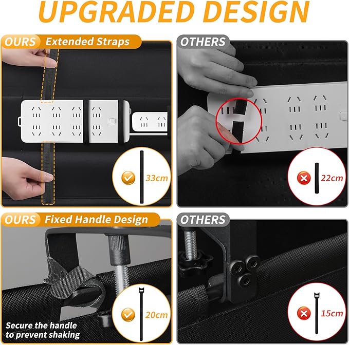 No Drill Under Desk Cable Management Tray, 28" Cord Organizer with Clamp, Fabric Cable Management for Standing Desks, Ideal for Home & Office - Black