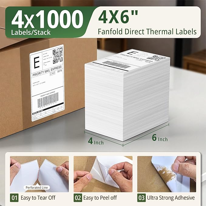 Tera Direct Thermal Labels 4x6: 4000 Fanfold Shipping Labels with Perforated Strong Adhesive Printer Paper for Thermal Printer Commercial Grade with 48 Fragile Sticker Labels