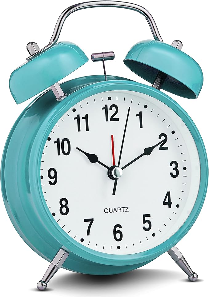 Bernhard Products Analog Alarm Clock 4" Twin Bell Robin Egg Blue Silent Non-Ticking Quartz Battery Operated Extra Loud with Backlight for Bedside Desk, Retro
