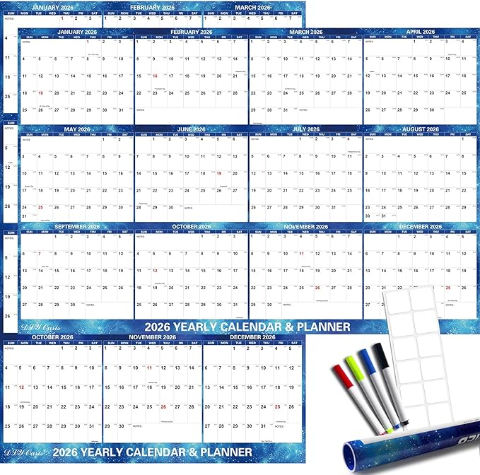 32" x 48" 2026 Wall Calendar Dry Erase - Large Starry Sky Calendar Wet & Dry Erasable Laminated 12 Month Annual Yearly Planner, Reversible, Horizontal/Vertical, Blue