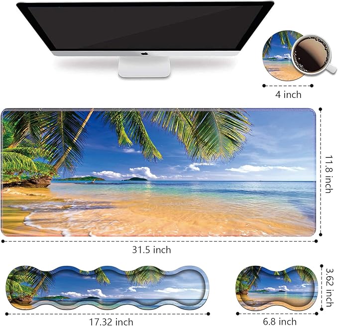 Ergonomic Keyboard Wrist Rest & Mouse Pad Wrist Rest Set, Large XXL Gaming Desk Mat 31.5"x 11.8", Non-Slip Base, Memory Foam, Easy Typing Pain Relief for Office & Home, Shore Palms Tropical Beach