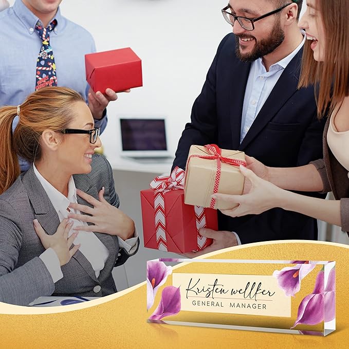 Desk Name Plate Personalized,Premium Clear Acrylic Desk Name Plate,Personalized Name Plate for Desk, Office Decor for Women or Men Coworkers, Boss, Employee, Teacher, Social Worker (Style-Purple)…