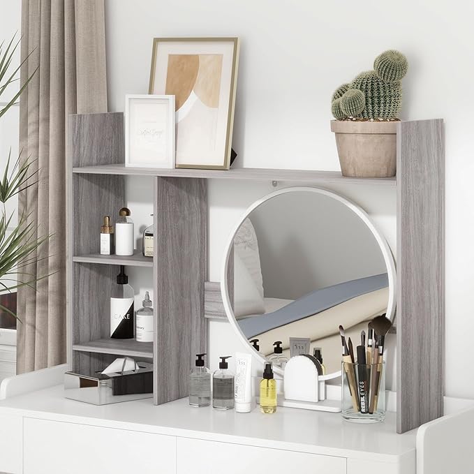 Desktop Bookshelf, Wooden Desk Hutch for Computer Monitor Up to 27'' with 3 Open Storage Shelves, Large 4-Tier Desk Organizer for Dorm Office Home, Wash Grey