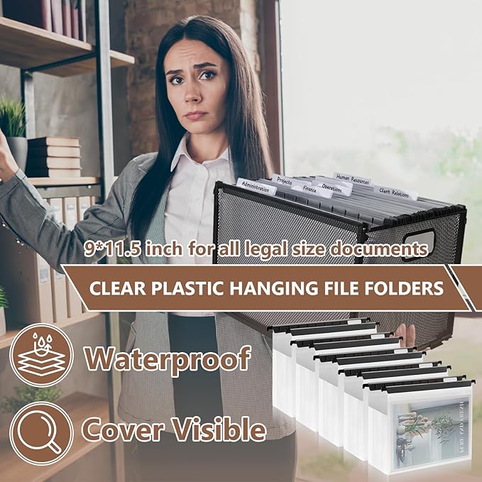 10 Pack Extra Capacity Hanging File Folder Plastic Letter Size Filing Cabinet Reinforced Hang Folders with Heavy Duty 4 Inch Expansion Black Insert Gasket 8.5” X 14” for Insertable Tabs