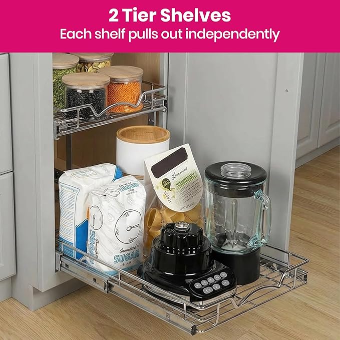 HOLDN’ STORAGE Two Tier Pull Out Cabinet Organizer, Individual Sliding Drawers - Heavy Duty Metal with Lifetime Limited Warranty - Anti Rust Chrome Finish - 24" W x 21”D x 16.5" H
