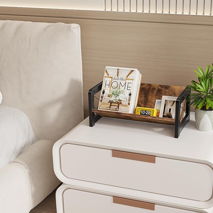 ELITEROO Desktop Bookshelf Organizer, Wood Slanted Desk Bookshelf, Small Tabletop Book Rack, Portable Mini Bookcase for Book Display, Cookbooks, Kids Reading, Office & Home Storage, Rustic Brown