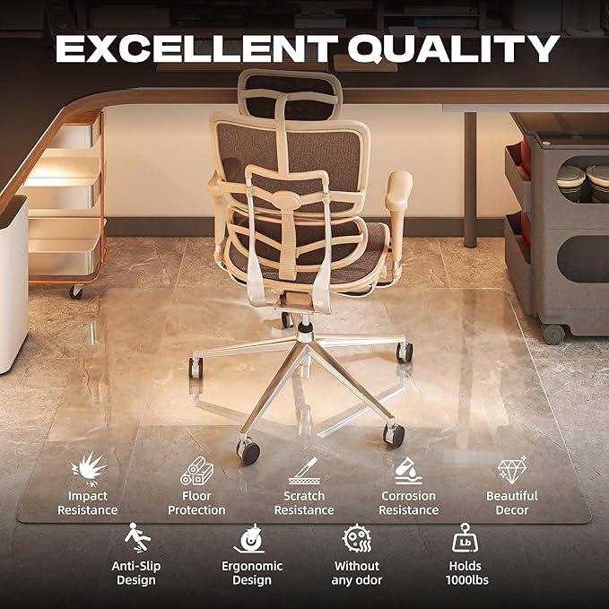 [Tempered Glass] 40“x30” Rounded Glass Chair Mat with Polished Edge Clear Office Chair Mat, Glides Smoothly, Suitable for Carpet or Hardwood Floors