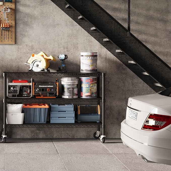 3-Tier Wire Shelving Unit with Wheels, 36.9" W x 18.6" D Heavy Duty Metal Storage Rack, Adjustable Shelves, Locking Casters, 350 lb Per Shelf (1050 lb Total) for Garage, Pantry, Kitchen