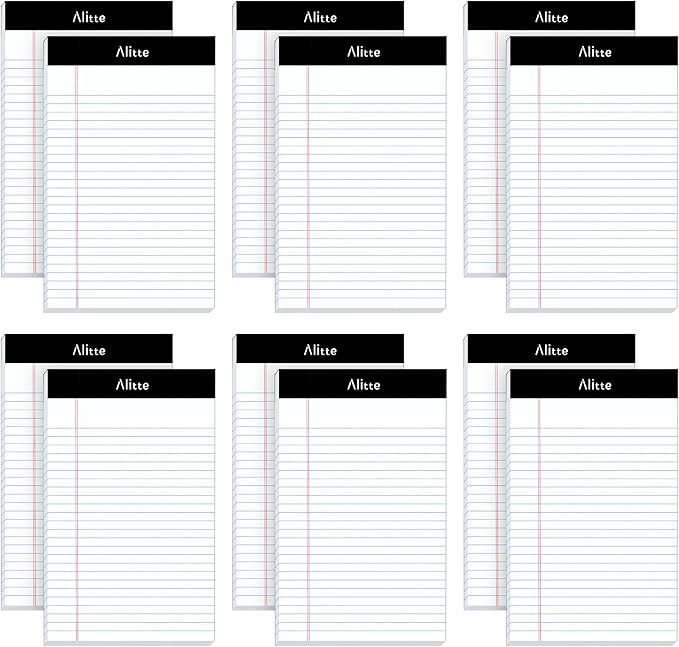 Alitte 5x8 Small Notebooks – 12 Pack Narrow Ruled, White Perforated Note Pads with 50 Sheets Per Notepad, (No Ink Bleeding) Ideal Legal Pads for Writing, Note Taking, Home, Office, School