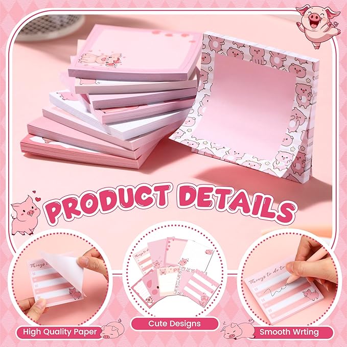 9 Pads Piggy Sticky Notes 3x3 Inch Cute Self Stick Notepads Notes Adhesive Memo Pad Office Decor Gifts for Students School Teacher Meeting Office Supplies