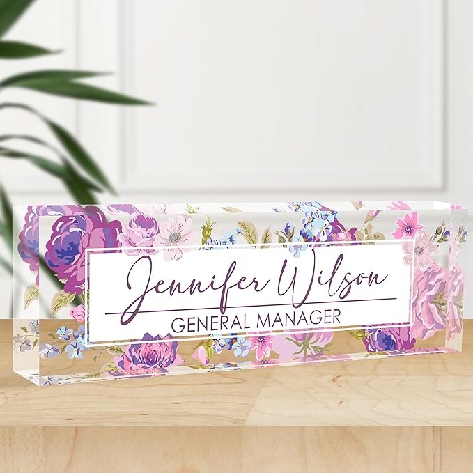 Personalized Office Name Plate, Custom Name Plate for Desks, Office Desk Decorations Gift for Women Men, Acrylic Desk Name Plate for Teacher Coworkers Staff Boss (Flourishing Blossom)