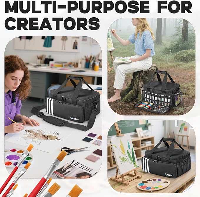 ORKELS Craft Paint and Marker Organizer, Acrylic Paint Storage Bag with Brush and Bottle Holders, Large Marker Carrying Case for Artists (Black)