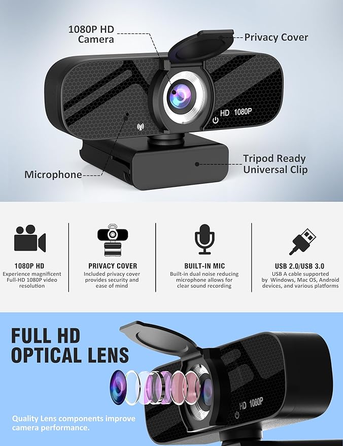 Tewiky 1080P Webcam with Microphone and Rotatable Tripod Wide Angle Camera for Desktop PC or Laptop Computer,Plug and Play, for Zoom/Skype/Teams, Conferencing and Video Calling
