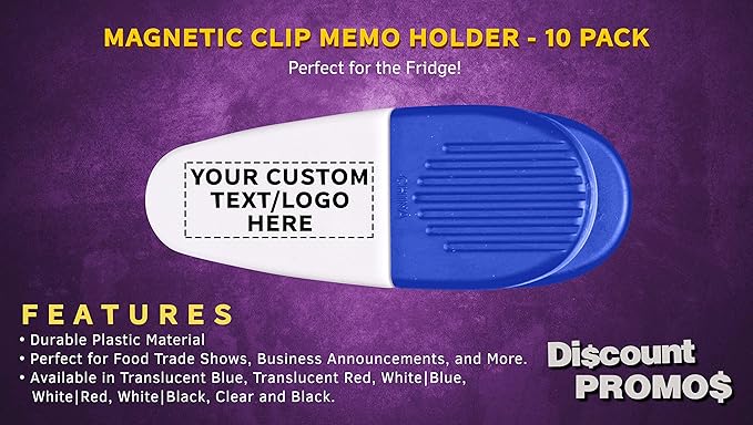 10 Magnetic Memo Holders Set - Customizable Text, Logo - Large Clip, Plastic - White Blue