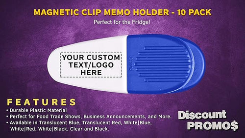 10 Magnetic Memo Holders Set - Customizable Text, Logo - Large Clip, Plastic - White Blue
