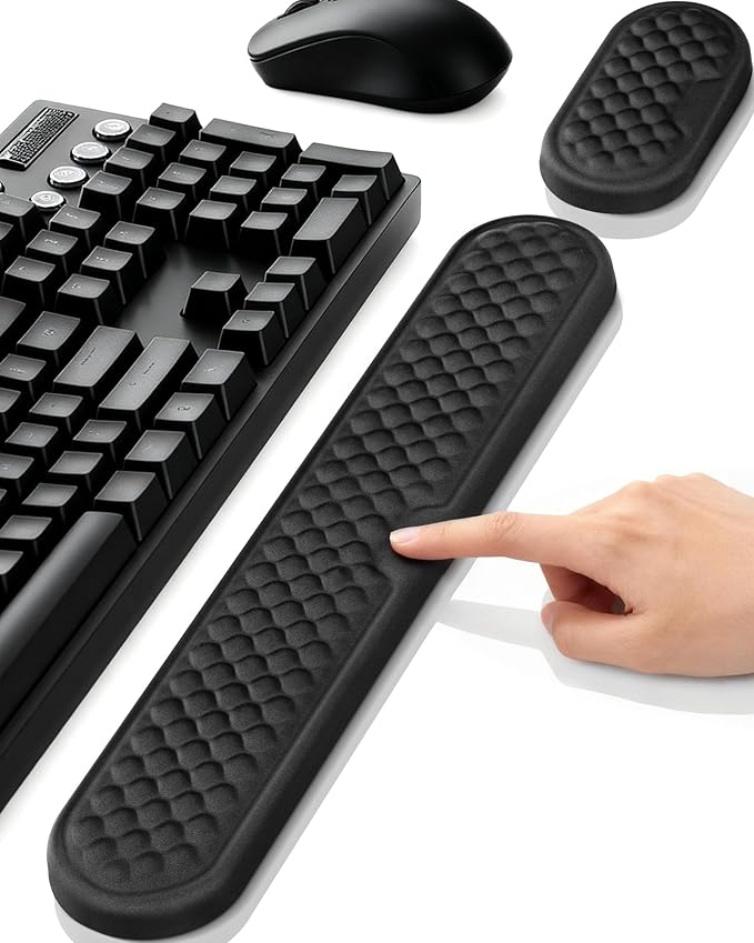 Wrist Rest Set for Keyboard and Mouse, Ergonomic Wrist Support with Soft Memory Foam, Silky Lycra Cover, Non-Slip Base, Helps Reduce Wrist Pressure and Fatigue During Long Typing and Gaming Sessions