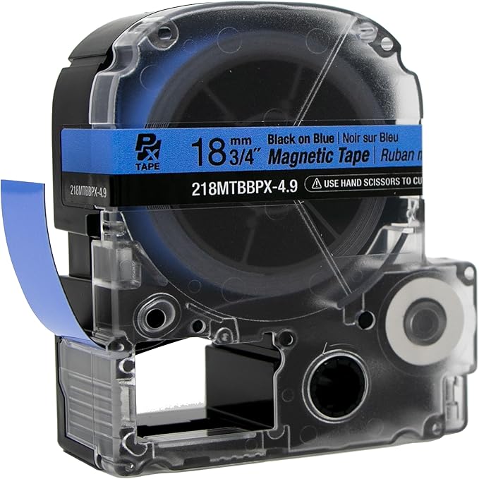 Epson LABELWORKS 218MTBBPX-4.9 Genuine Magnetic Tape Cartridge - Black on Blue Magnet Label Maker Tape - 3/4" (18MM) Wide, 4.9 ft, Blue