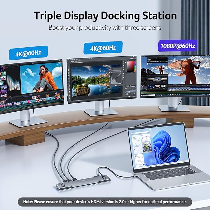 Acer Laptop Docking Station Stand, 11-in-1 USB C Docking Station 3 Monitors with DP 8K + Dual HDMI 4K@60Hz, Ethernet, 10Gbps Data, 100W PD, SD/TF, USB C Dock with Detachable Cable for Acer/Dell/Mac/HP