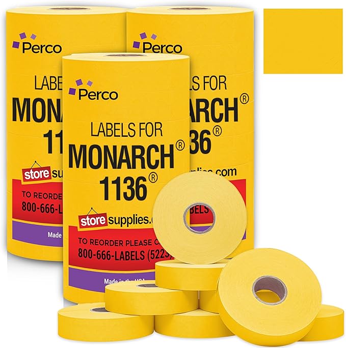 Perco Yellow Pricing Labels for Monarch 1136 Price Gun – 3 Sleeves, 24 Rolls Value Pack - 42,000 Price Marking Labels – with Ink Rolls Included