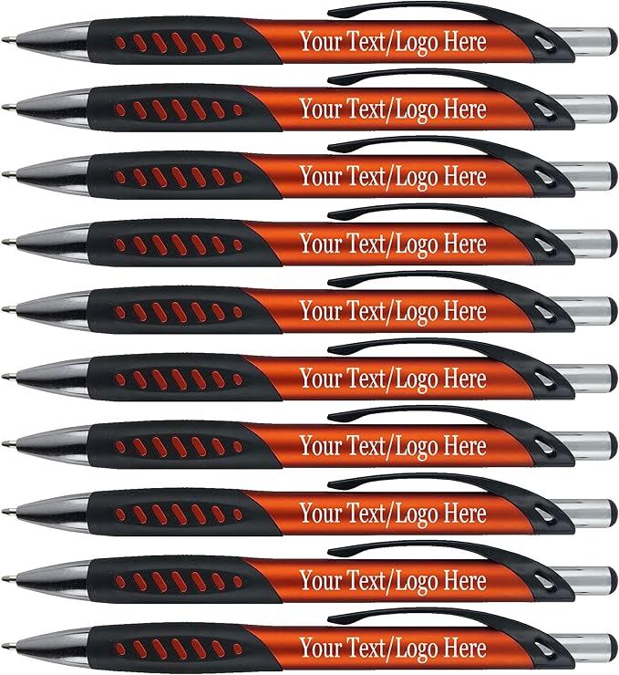 Promotional Pens With your Custom Logo or Text-300 Pack Bulk-for Businesses, Parties, and Events, Custom Printed Metallic/ Colored Click Action Ballpoint Pens, Rubber Grip, Black Ink, Orange Pens