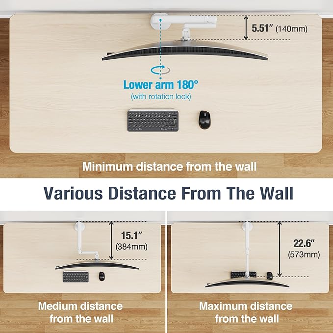 AVLT Single 17"-40" Ultrawide 3-Segment Easel Monitor Arm for Screens Up to 24.3 lbs, Aluminum Designer Stand, Adjustable Pneumatic Height, Full Motion Swivel Tilt Rotation, USB-C USB-A Ports, White