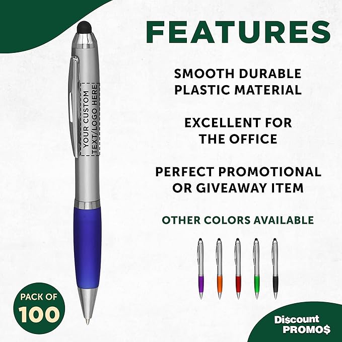 DISCOUNT PROMOS Custom Stylus Ballpoint Pens Set of 100, Personalized Bulk Pack - Black Ink, Great for Office, School, Business, Tradeshows, Events - Blue