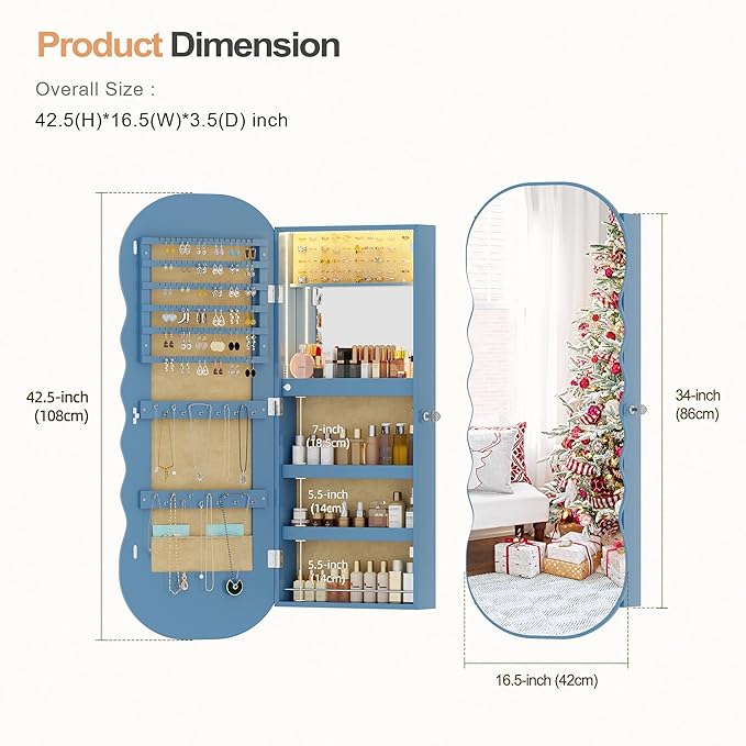 HNEBC LED Mirror Jewelry Cabinet,Wall or Door Mounted Jewelry Armoire Organizer with Lights,Lockable Wide Wavy Mirror with Storage,42.5" L Full Length Mirror with Jewelry Storage,Interior Mirror