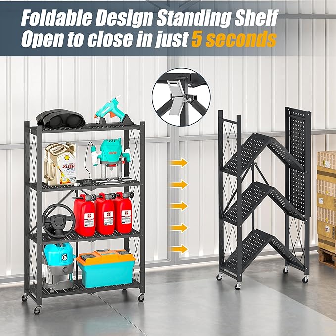 4-Tier Folding Metal Storage Shelf with Wheels, No Assembly Organizer Rack, Heavy Duty Collapsible Shelving Unit for Garage, Kitchen, Basement, Pantry, Living Room(New Upgrade - Black, 4 Tier)
